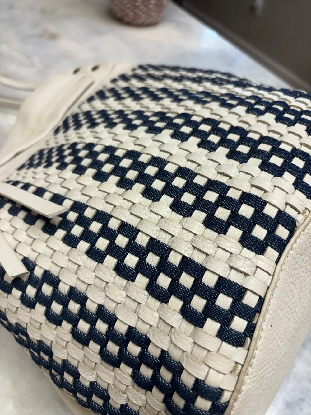 Kooba Handcrafted Leather Denim Woven Bucket Bag Tote